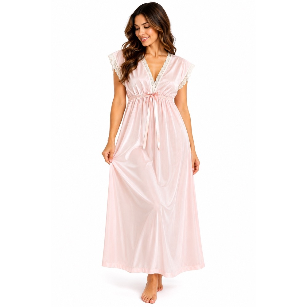 Vintage Avon Softness Nightgown Large Pink Nylon Lace Maxi 70s 80s